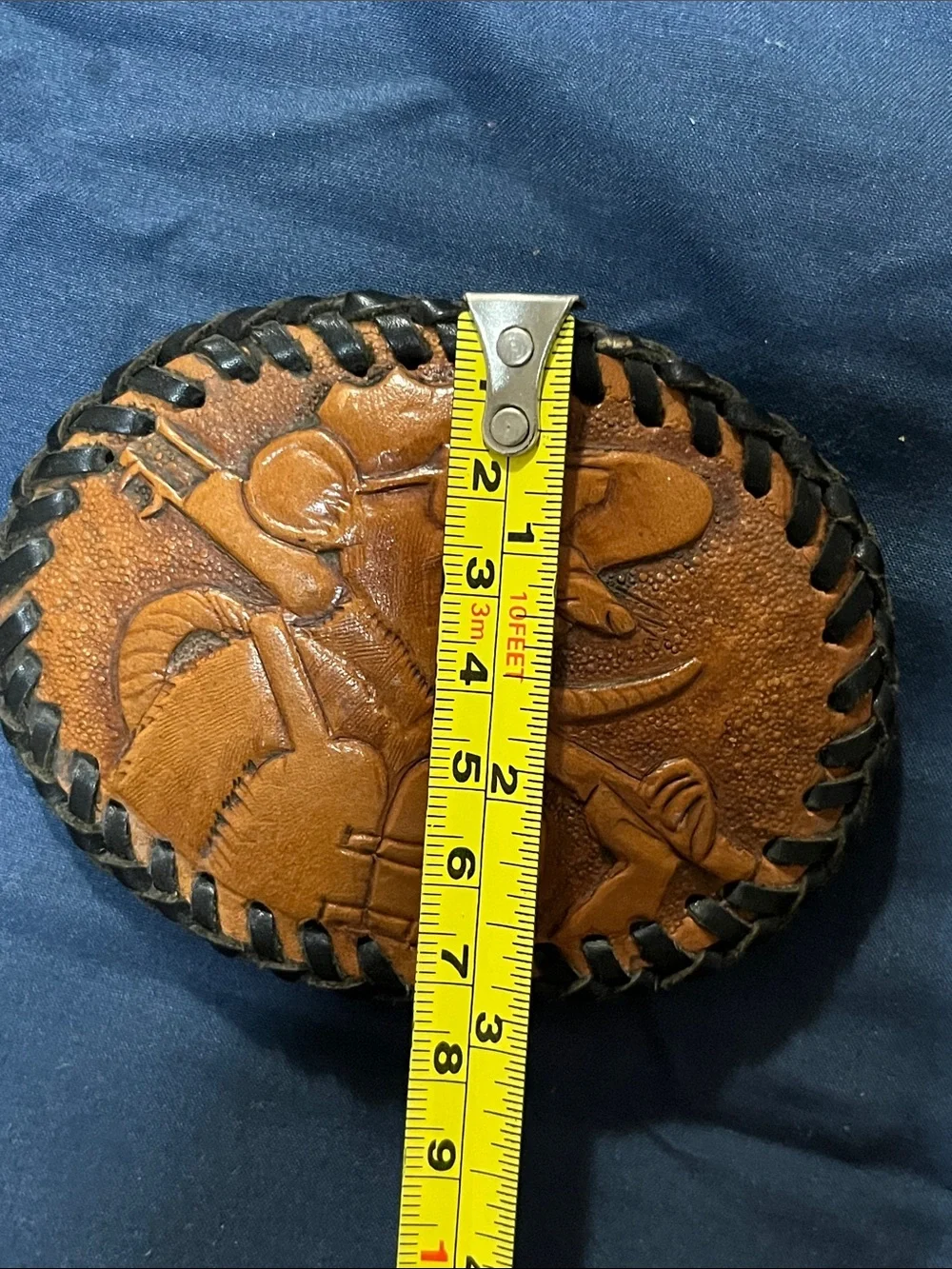 Vintage Two-Tone Brown Leather Western Belt Buckle with Black Braid